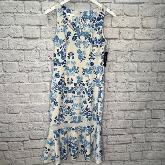 Donna Morgan Dresses & Skirts - Donna Morgan White Blue Floral Sleeveless Scuba Tea Dress Size 4 New